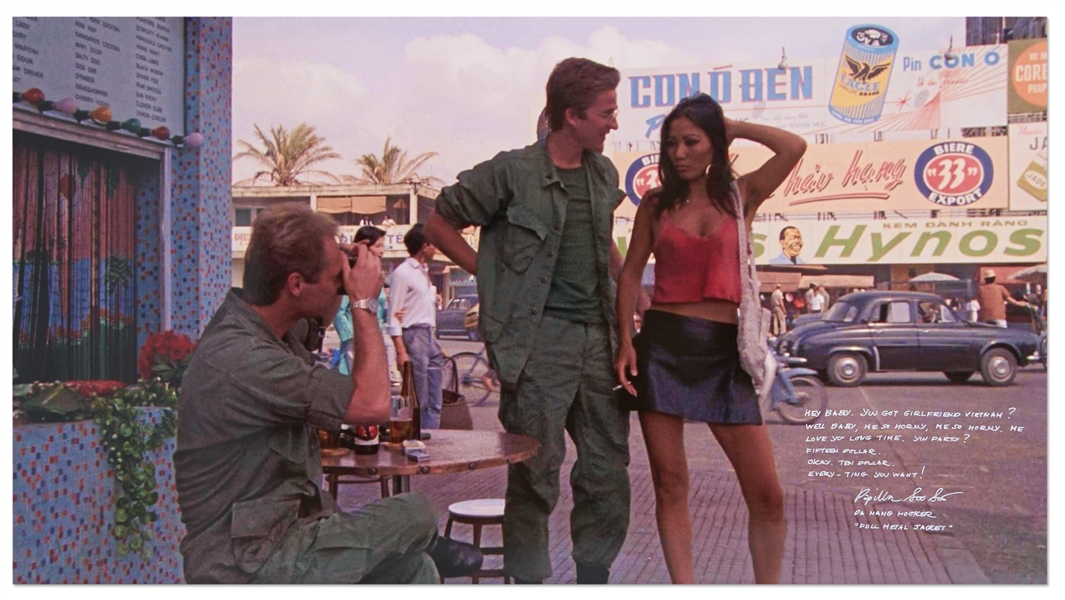 Iconic ''Full Metal Jacket'' Da Nang Hooker Scene 30'' x 16.5'' Photo with Actress Papillion Soo Soo Handwriting Most of Her Infamous Lines -- ''Me So Horny, Me Love You Long Time''