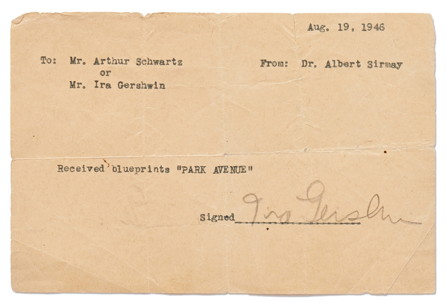 Ira Gershwin Signed Receipt for ''Park Avenue'' Musical Blueprints