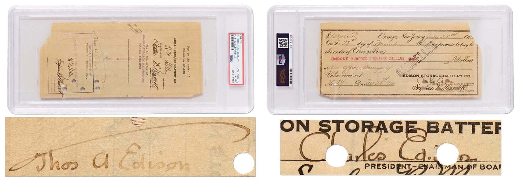 Thomas Edison Signed Check for $100,000 from the Edison Storage Battery Co. -- Encapsulated by PSA/DNA