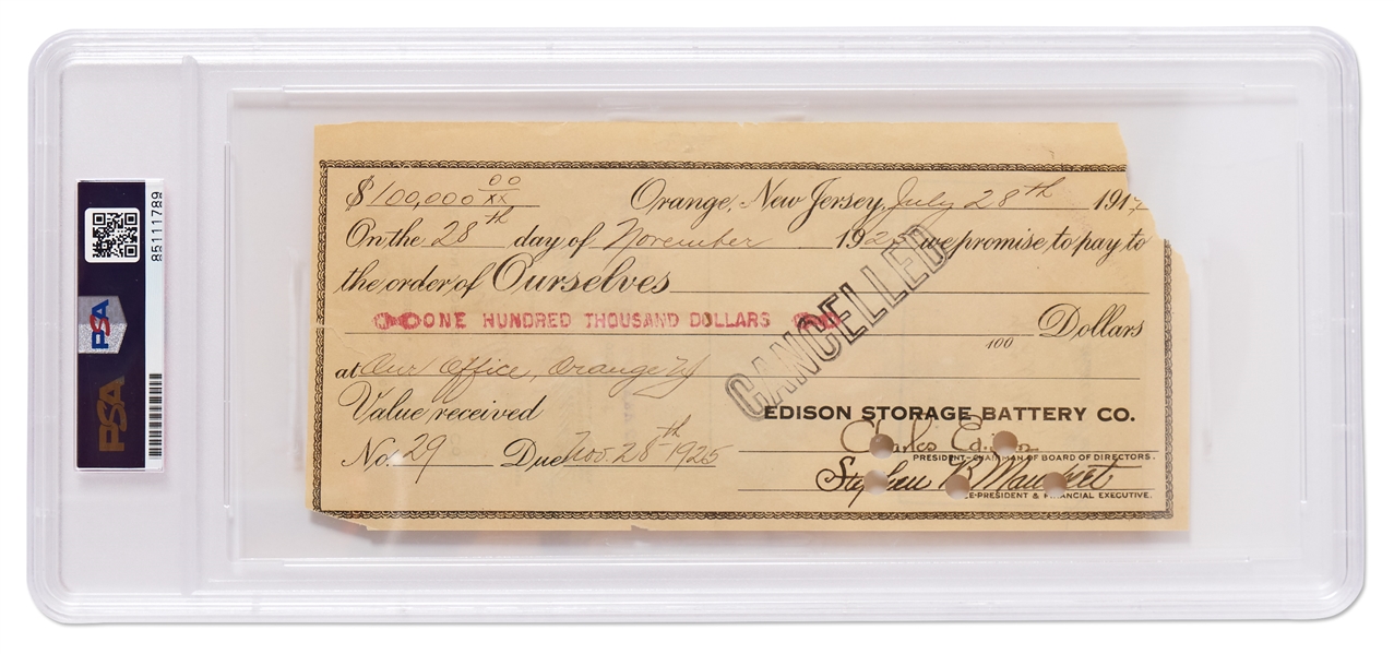 Thomas Edison Signed Check for $100,000 from the Edison Storage Battery Co. -- Encapsulated by PSA/DNA