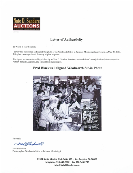 Photographer Fred Blackwell Handwritten & Signed 20'' x 16'' Photo of the 1963 Jackson, Mississippi Woolworth Sit-in -- Blackwell's Famous Photo Captured the Most Violent of the Civil Rights Sit-ins