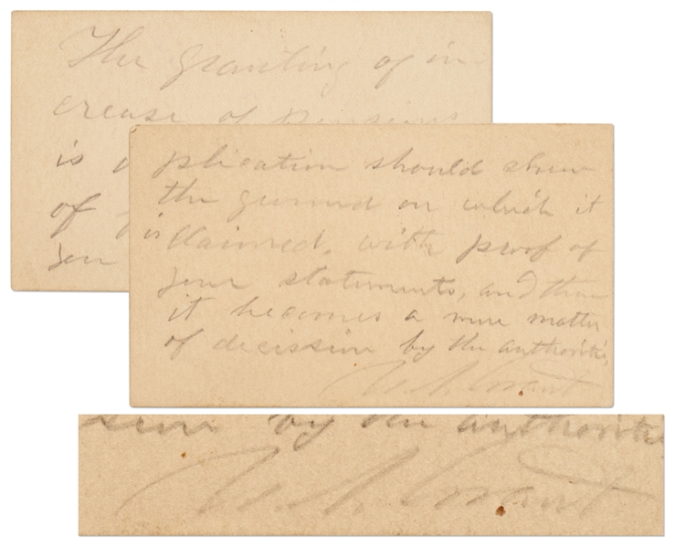 Ulysses S. Grant Autograph Note Signed -- Grant Declines to Intervene in a Pension Matter