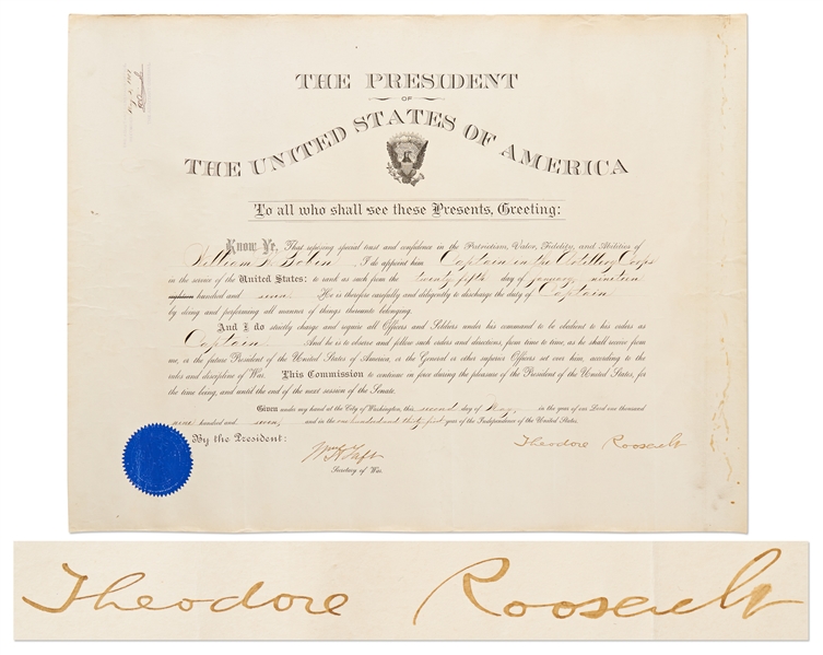 Theodore Roosevelt Military Appointment Signed as President -- Countersigned by William Taft as Secretary of War