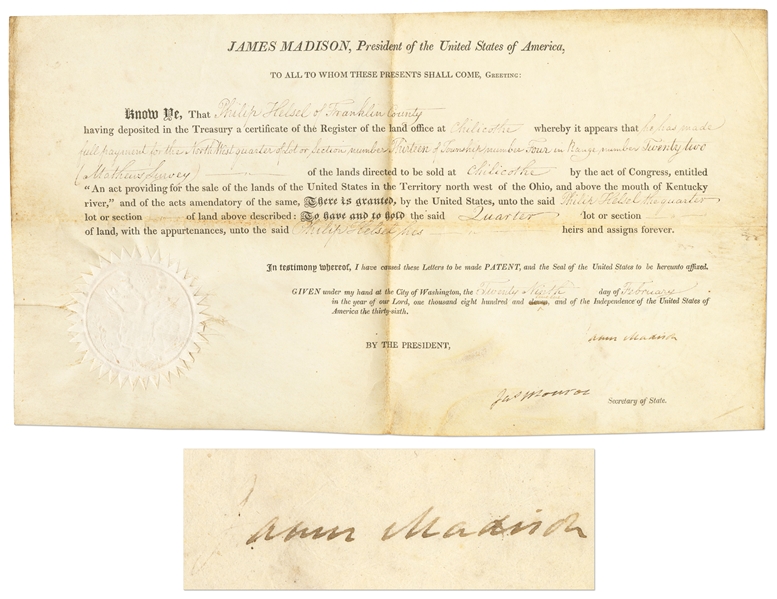 James Madison Land Grant Signed as President -- Countersigned by James Monroe as Secretary of State