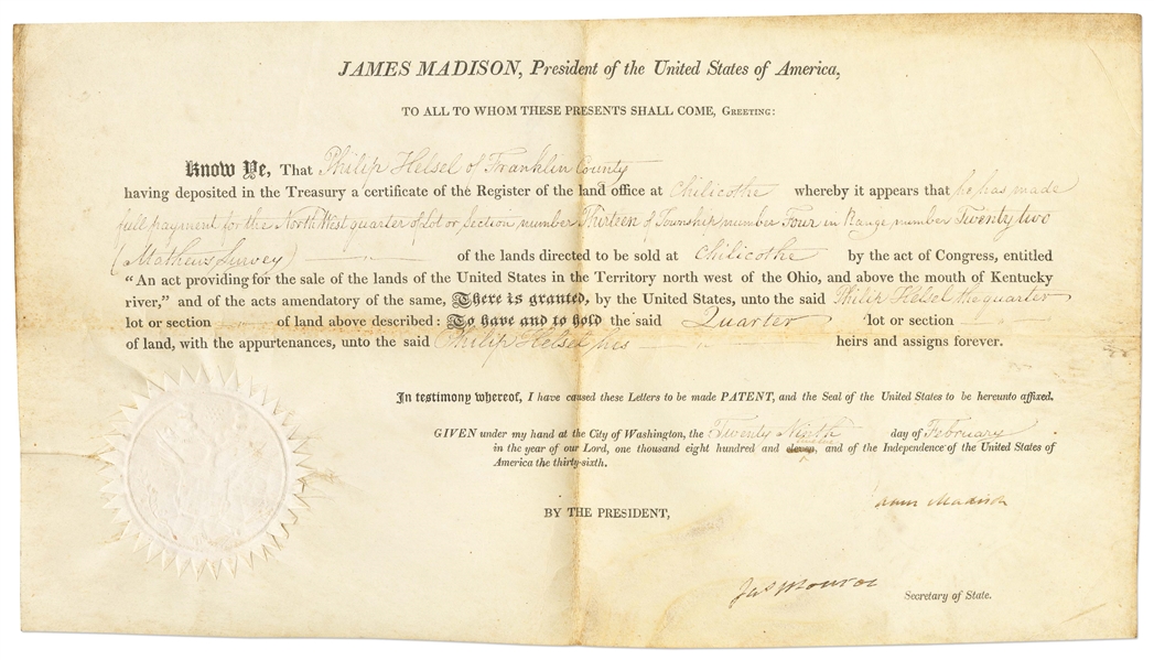 James Madison Land Grant Signed as President -- Countersigned by James Monroe as Secretary of State