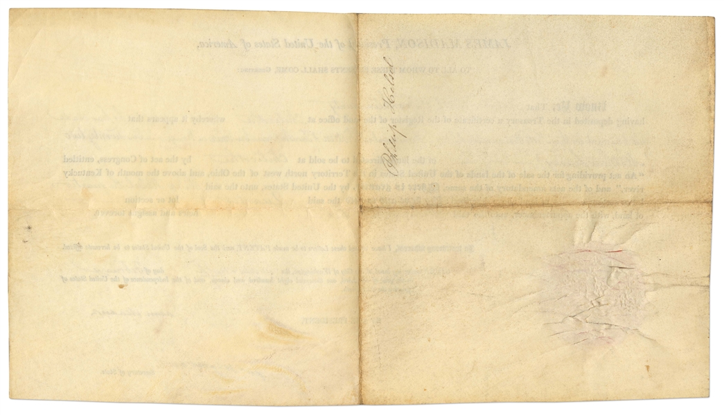 James Madison Land Grant Signed as President -- Countersigned by James Monroe as Secretary of State