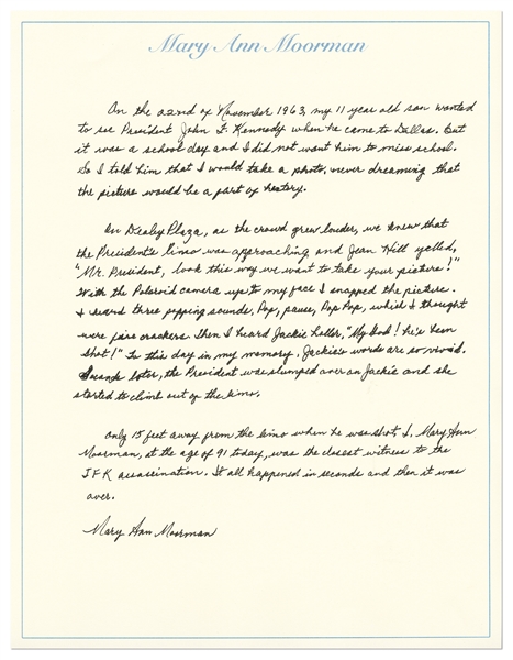 Autograph Essay Signed by Mary Ann Moorman, the Last Surviving Witness Who Captured John F. Kennedy's Assassination on Polaroid Film