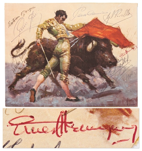 Stunning Ernest Hemingway Signed Artwork -- Hemingway's Signature Pops in Red Next to the Signatures of Nine Spanish Matadors -- With Beckett COA