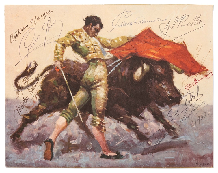 Stunning Ernest Hemingway Signed Artwork -- Hemingway's Signature Pops in Red Next to the Signatures of Nine Spanish Matadors -- With Beckett COA