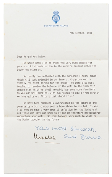 Prince Charles and Princess Diana Signed Thank You Letter for Their Wedding Gift