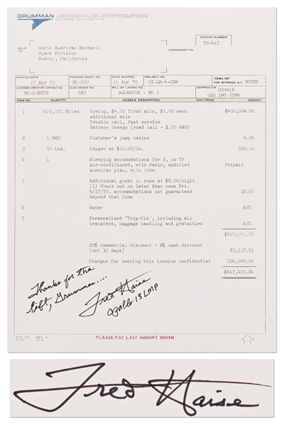 Fred Haise Signed Souvenir Copy of the Infamous Grumman ''Towing Invoice'' for Apollo 13