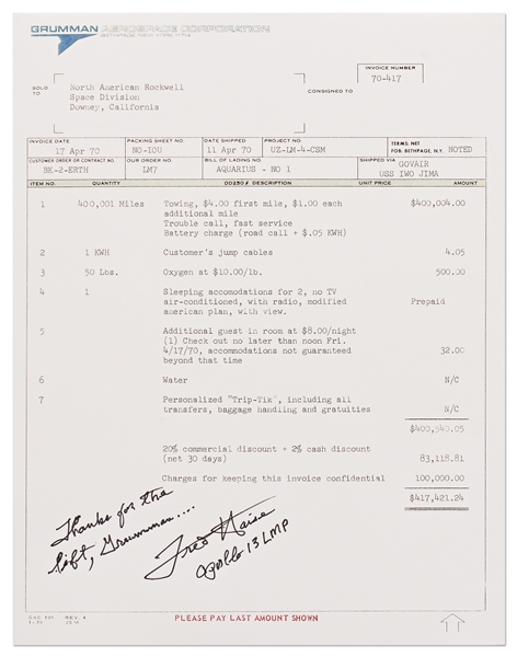 Fred Haise Signed Souvenir Copy of the Infamous Grumman ''Towing Invoice'' for Apollo 13