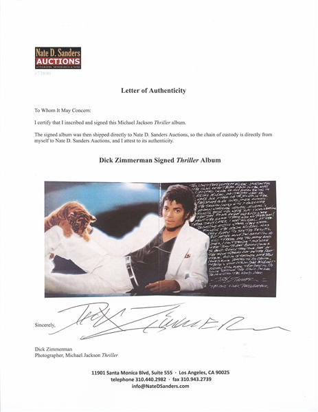 Michael Jackson ''Thriller'' Album with Handwritten Memory of How the Famous Photos Were Captured by Photographer Dick Zimmerman