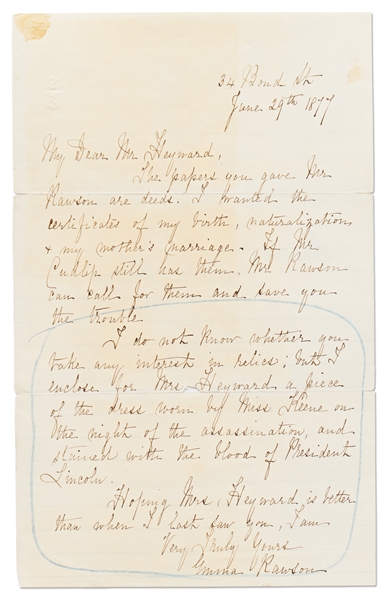 Large Swatch of Fabric Worn by Laura Keene the Night of Abraham Lincoln's Assassination -- Accompanied by Letter from Laura Keene's Daughter, Stating that President Lincoln's Blood Stains the Fabric