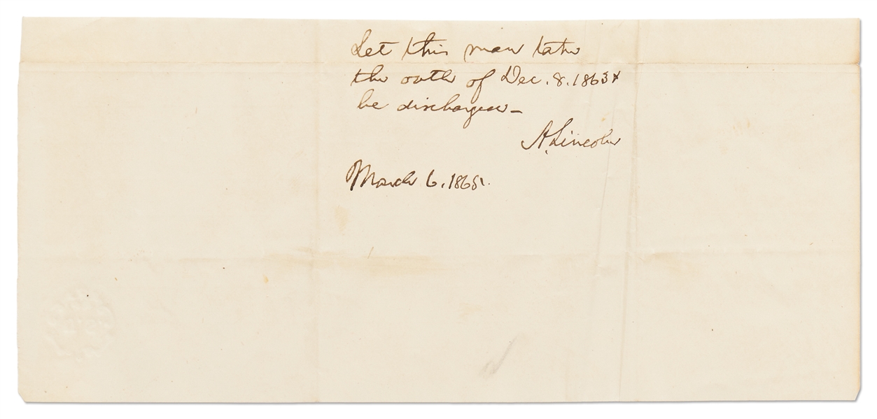 Abraham Lincoln Autograph Endorsement Signed as President -- Lincoln Issues Amnesty to Confederate Soldier