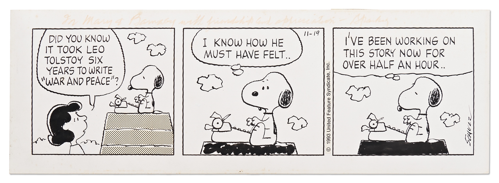 Charles Schulz Original Hand-Drawn ''Peanuts'' Comic Strip Featuring Snoopy the Novelist