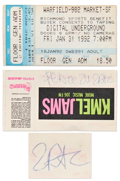 Tupac Shakur Signed Concert Ticket from January 1992 While Promoting His First Album ''2Pacalypse Now'' -- ''PEACE 2U 2PAC''