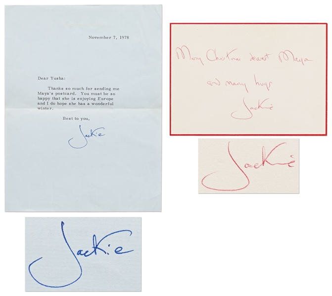 Lot of Two Jackie Kennedy Onassis Signed Letters: a Christmas Autograph Note Signed with Envelope & Typed Letter Signed