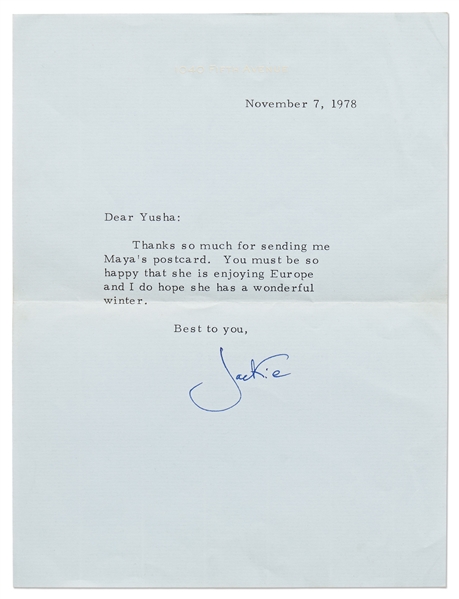 Lot of Two Jackie Kennedy Onassis Signed Letters: a Christmas Autograph Note Signed with Envelope & Typed Letter Signed