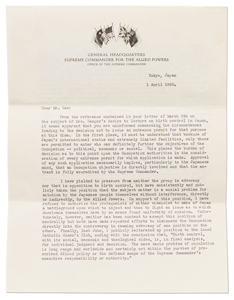 Douglas MacArthur Letter Signed as Supreme Commander in Japan, Dated 1950 -- MacArthur Writes a Detailed 4pp. Letter on Why He Forbade Margaret Sanger from Speaking to the Japanese About Birth Control