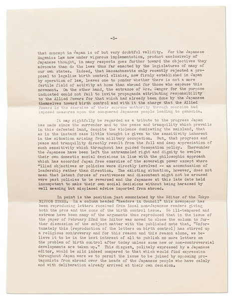 Douglas MacArthur Letter Signed as Supreme Commander in Japan, Dated 1950 -- MacArthur Writes a Detailed 4pp. Letter on Why He Forbade Margaret Sanger from Speaking to the Japanese About Birth Control