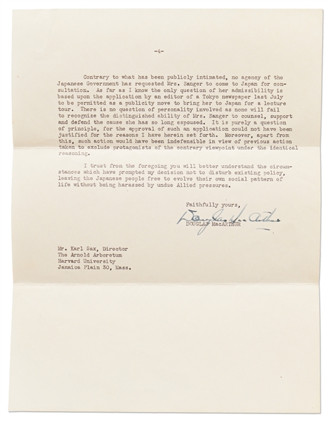 Douglas MacArthur Letter Signed as Supreme Commander in Japan, Dated 1950 -- MacArthur Writes a Detailed 4pp. Letter on Why He Forbade Margaret Sanger from Speaking to the Japanese About Birth Control