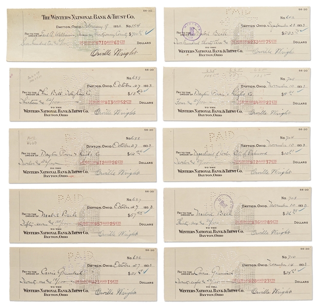 Lot of 10 Orville Wright Holograph Checks Signed -- Near Fine Condition With Bold, Full Signatures