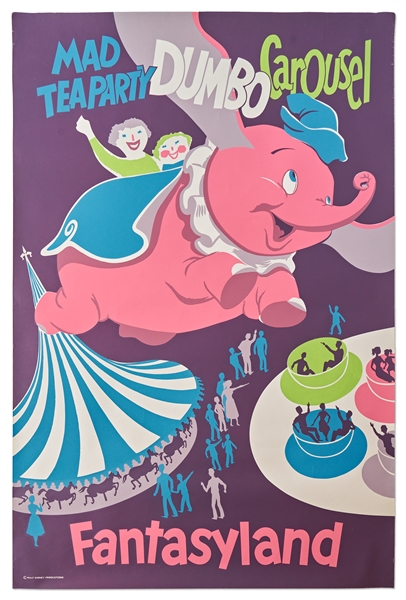 Original Disneyland Mad Tea Party and Dumbo Carousel Silk-Screened Park Attraction Poster