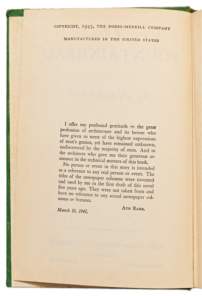 First Edition of Ayn Rand's ''The Fountainhead''