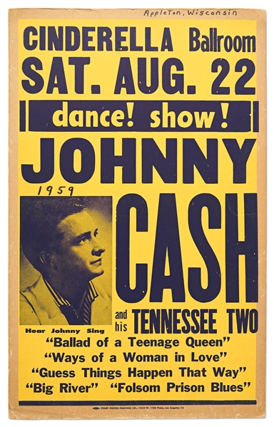 Johnny Cash Signed Concert Poster -- Cash Writes a Memory from the Day of the Concert: ''...I came into Appelton in my first new Cadillac which I bought that day...J.R. Cash'' -- With Epperson COA