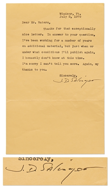 J.D. Salinger Letter Signed Regarding Publishing After Catcher in the Rye