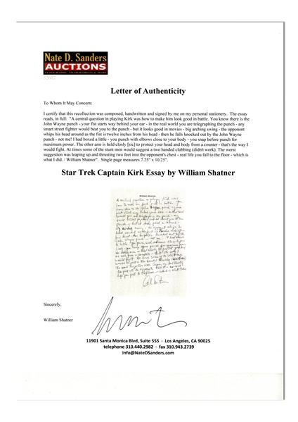 William Shatner on Fighting as Captain Kirk: ''...the opponent whips his head around as the fist is twelve inches from his head - then he falls knocked out by the John Wayne punch - not me!...''