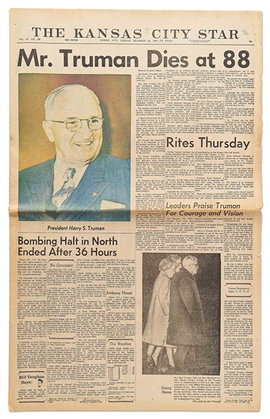 Harry Truman's Death Announced in ''The Kansas City Star'' Newspaper