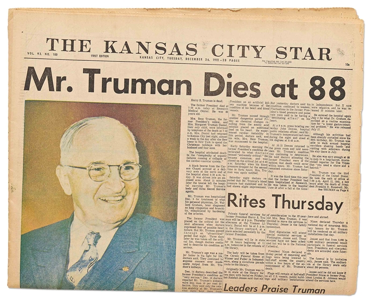 Harry Truman's Death Announced in ''The Kansas City Star'' Newspaper