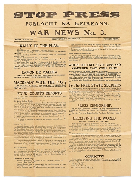 Irish Civil War Broadside Issued by the IRA -- Eamon de Valera Tells the Irish to ''Rally to the Flag'' and ''It is War''