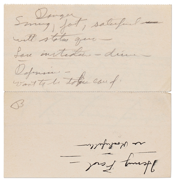 Richard Nixon Handwritten Notes -- Written as Source Material for His Biographer Circa 1958 -- ''...Danger, Smug, fat, satisfied with status quo / want to be taken care of...''