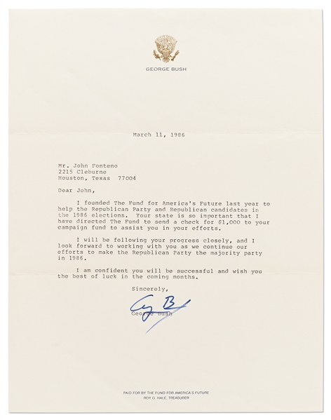 George H.W. Bush Letter Signed as Vice President -- ''I founded the Fund for America's Future last year to help the Republican Party''