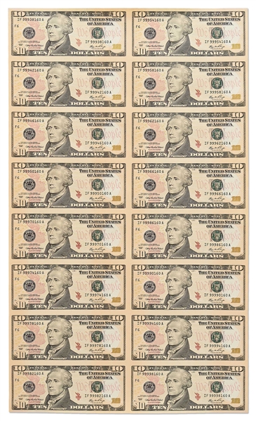 Uncut Sheet of 16 $10 Federal Reserve Notes -- Series 2006 -- Near Fine