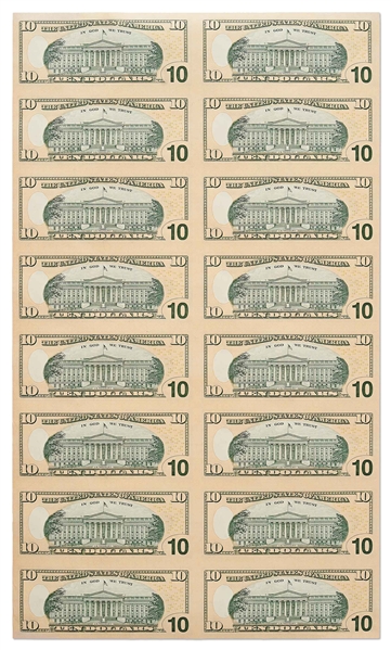 Uncut Sheet of 16 $10 Federal Reserve Notes -- Series 2006 -- Near Fine