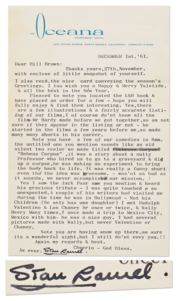 Stan Laurel Letter Signed -- ''…an old silent two reeler we made titled 'Habeas Corpus', it was a story about a nutty Professor who hired us to go to a graveyard & dig up a corpse…''