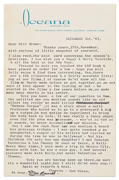 Stan Laurel Letter Signed -- ''…an old silent two reeler we made titled 'Habeas Corpus', it was a story about a nutty Professor who hired us to go to a graveyard & dig up a corpse…''