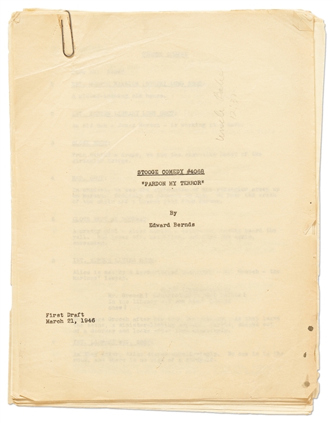 Moe Howard's Script for ''Pardon My Terror'', Originally Written for The Three Stooges, but Unproduced due to Curly's Stroke -- Then Repurposed for Shemp as ''Who Done It?'' -- With Moe's Edits