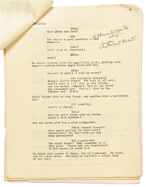 Moe Howard's Script for ''Pardon My Terror'', Originally Written for The Three Stooges, but Unproduced due to Curly's Stroke -- Then Repurposed for Shemp as ''Who Done It?'' -- With Moe's Edits