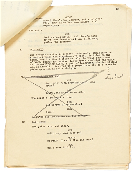 Moe Howard's Script for ''Pardon My Terror'', Originally Written for The Three Stooges, but Unproduced due to Curly's Stroke -- Then Repurposed for Shemp as ''Who Done It?'' -- With Moe's Edits