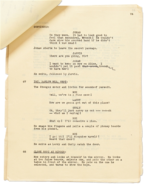 Moe Howard's Script for ''Pardon My Terror'', Originally Written for The Three Stooges, but Unproduced due to Curly's Stroke -- Then Repurposed for Shemp as ''Who Done It?'' -- With Moe's Edits