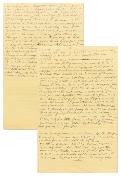 Moe Howard's Handwritten Pages From the Draft of His Autobiography -- Moe Tells a Story About Filming ''Horses' Collars'' -- ''...You never could tell what would happen in one of our comedies...''