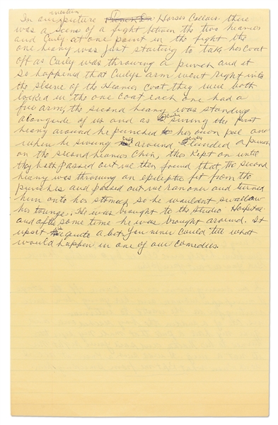 Moe Howard's Handwritten Pages From the Draft of His Autobiography -- Moe Tells a Story About Filming ''Horses' Collars'' -- ''...You never could tell what would happen in one of our comedies...''