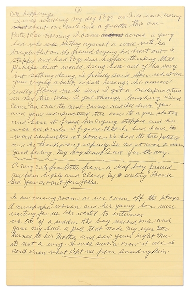 Moe Howard's Handwritten Pages From the Draft of His Autobiography -- Moe Tells a Story About Filming ''Horses' Collars'' -- ''...You never could tell what would happen in one of our comedies...''