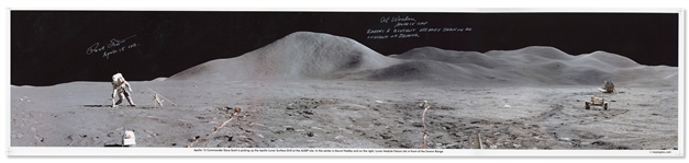 Al Worden & Dave Scott Signed Panoramic 40.5'' x 8.5'' Photo of the Moon's Surface -- Worden Additionally Writes His Famous Quote About Seeing Earth From the Moon