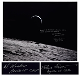 Al Worden & Dave Scott Signed 20 x 16 Photo of the Earth From a Lunar Vantage Point -- Worden Additionally Writes Earth: A distant memory seen in an instant of repose